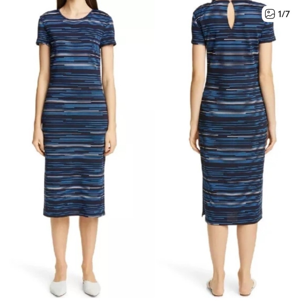 ST. JOHN Intarsia Stripe Midi Sweater Dress Navy Multi Stripe Womens Small